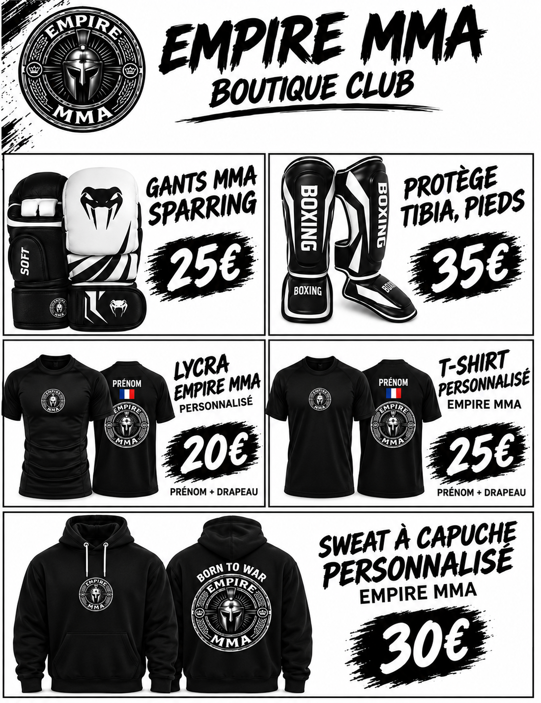Affiche officielle de la boutique Empire MMA présentant les équipements et vêtements